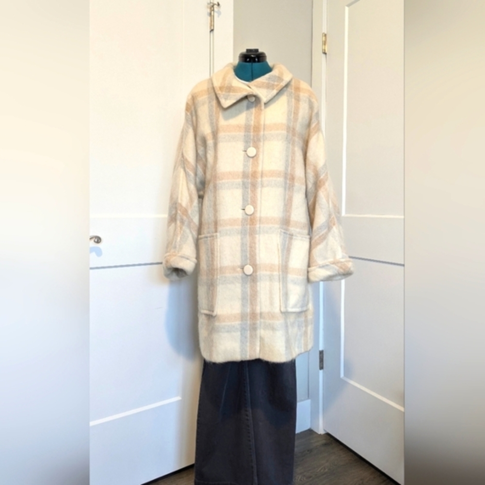 Fordan Vintage Wool Coat Mohair German Designer Beige Ivory Neutral Plaid Unique
